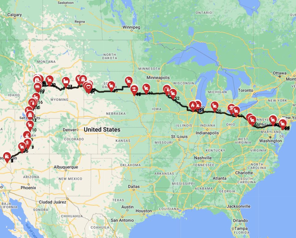 RV trip route from Las Vegas to Philadelphia